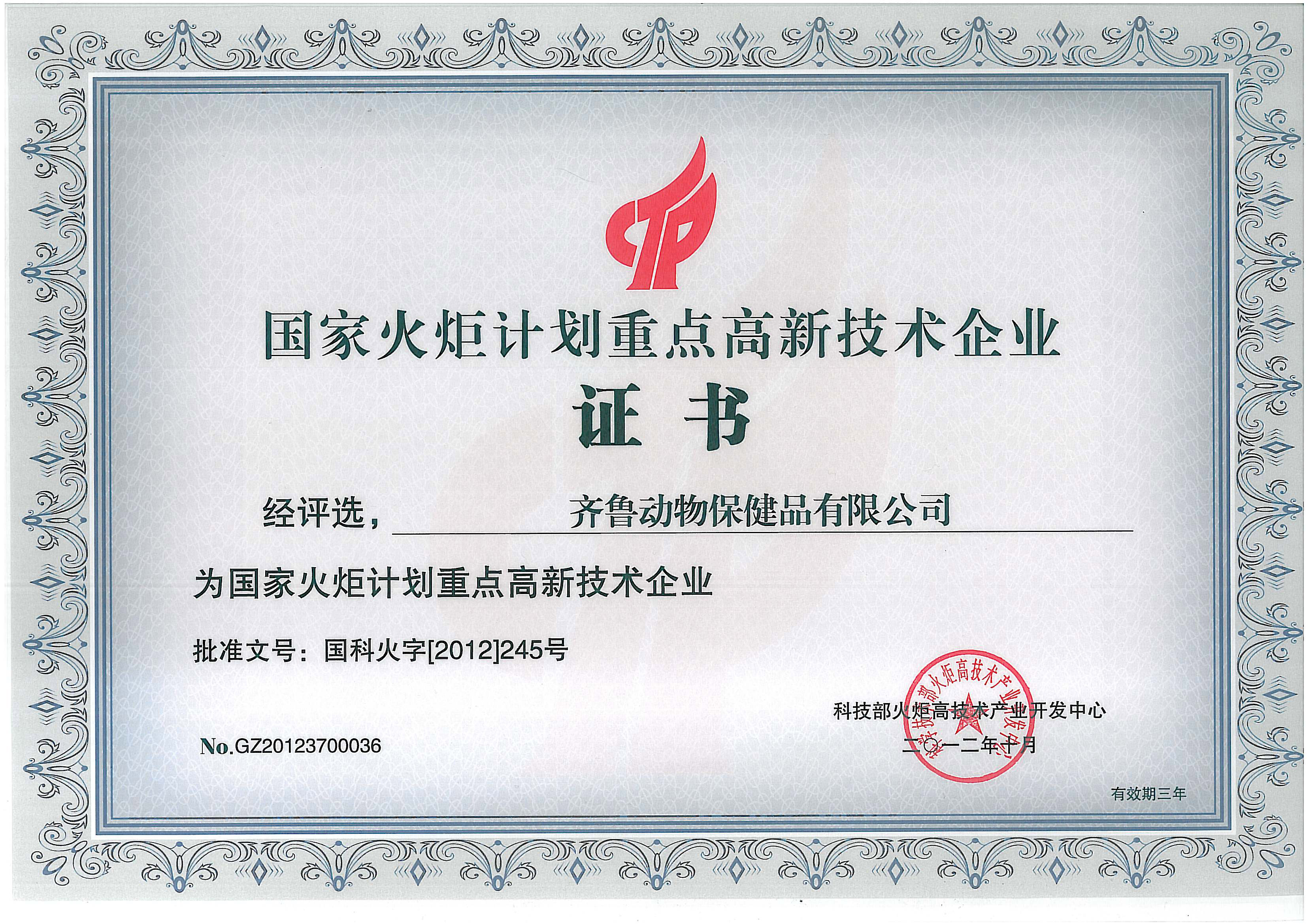 國家火炬計(jì)劃重點(diǎn)高新技術(shù)企業(yè)證書